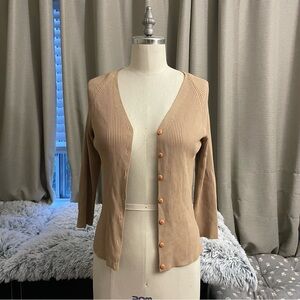 90s vintage Bisou Jeans beige / tan ribbed button up cardigan Size M